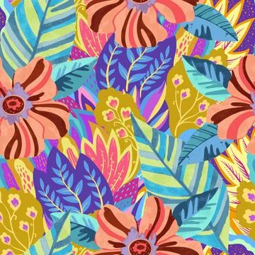 Colorful vivid psychedelic pattern with abstract tropical flowers for fabric 스톡 일러스트