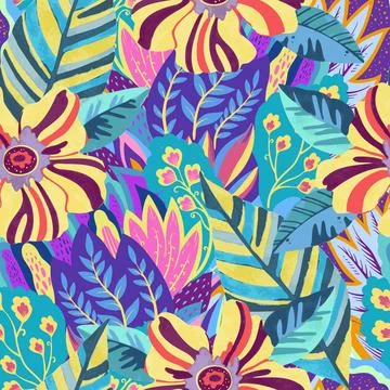 Colorful vivid psychedelic pattern with abstract tropical flowers for fabric Stock Illustration