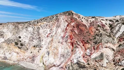 Colorful volcanic cliff face rises above Firiplaka beach Stock Footage 345976718