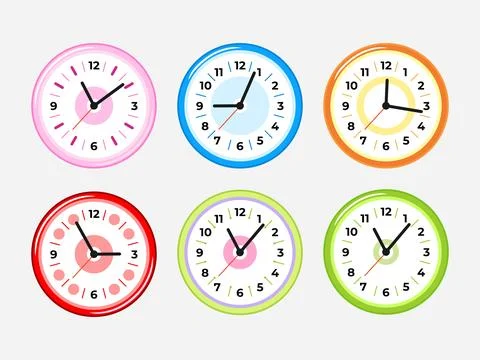 Colorful wall clock set with different time designs Stock Illustration