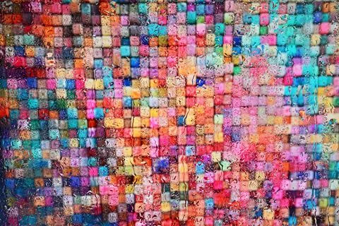 Colorful Wall With Square Pattern Behind Glass Window With Rain Drops Stock Photos