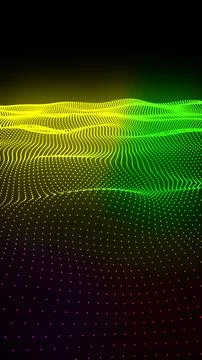 Colorful wave grid of neon dots forming a glowing terrain on dark background Stock Illustration