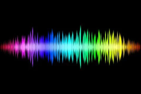 Colorful waveform visualization against a black background represents sound and Illustrazione stock