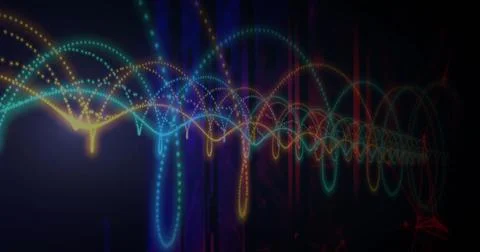 Colorful waveforms and dots image over dark background with vertical lines Stock Illustration