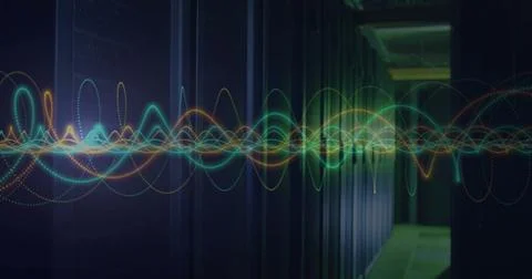 Colorful waveforms image over server racks in data center Illustrazione stock
