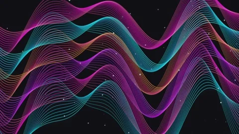 Colorful wavy lines form abstract sound wave motion on dark background with.. Video stock 341025055