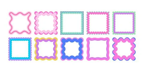 Colorful Wavy Square Frame Collection Vector Illustration Scalloped Border .. Stock Illustration