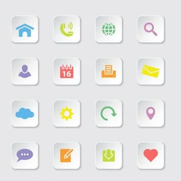 Colorful web and technology flat icon set on rounded rectangle button 스톡 일러스트