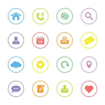 Colorful web and technology flat icon set with circle frame Stock Illustration