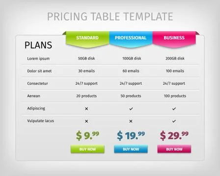 Colorful web pricing table template for business plan Stock-Illustration