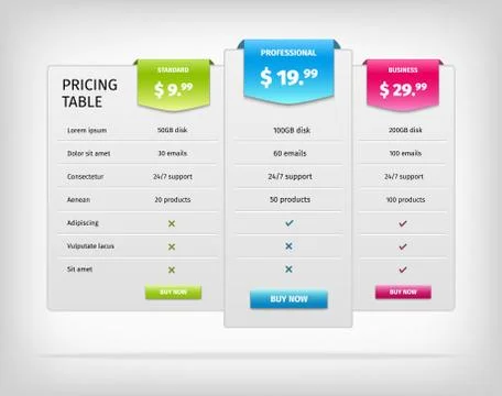 Colorful web pricing table template for business plan. Illustrazione stock