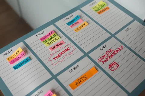Colorful weekly timetable for scholar classes and freetime with colorful post Stock Photos