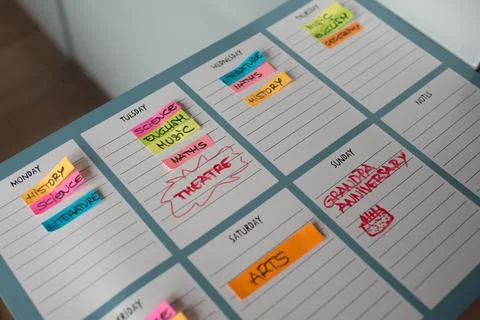 Colorful weekly timetable for scholar classes and freetime with colorful po.. Stock Photos