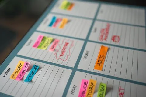 Colorful weekly timetable for scholar classes and freetime with colorful po.. Stock Photos