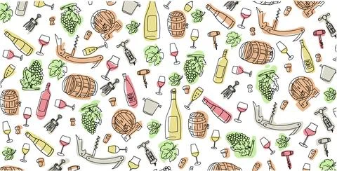 Colorful wine elements hand drawn, doodle and vector illustration icons set Ilustração Stock