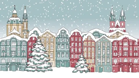 Colorful winter houses, covered in snow Stock Footage