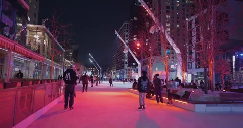 Colorful Winter Night At Esplanade Tranquille Ice Rink In Montreal Stock Footage 334013470