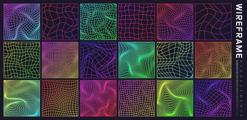 Colorful wireframe shapes, lined perspective mesh, 3d grid. Low poly geometric Stock Illustration