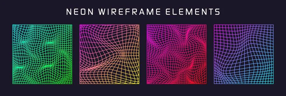 Colorful wireframe shapes, lined perspective mesh, 3d grid. Low poly geometric Stock Illustration
