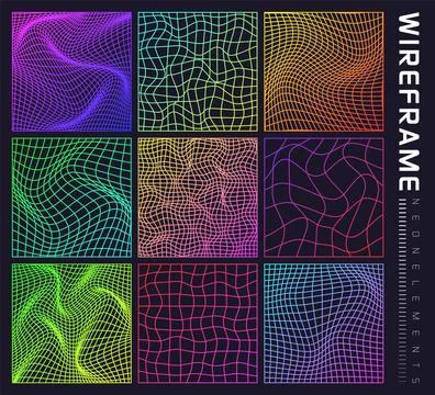 Colorful wireframe shapes, lined perspective mesh, 3d grid. Low poly geometric Illustrazione stock