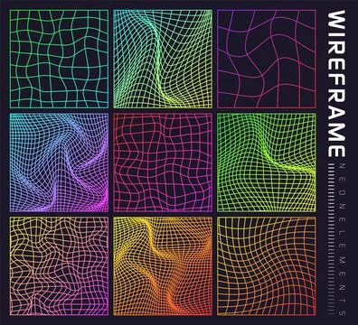 Colorful wireframe shapes, lined perspective mesh, 3d grid. Low poly geometric Stock Illustration