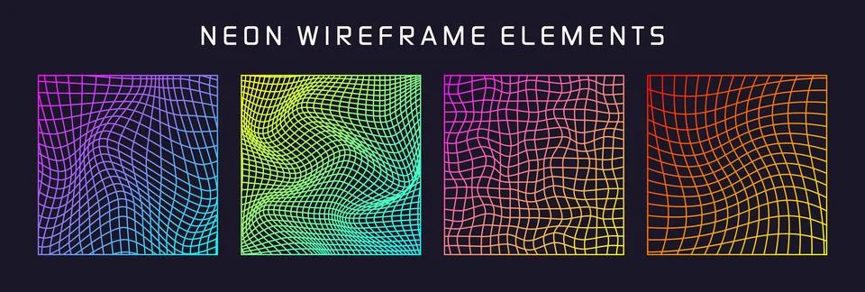Colorful wireframe shapes, lined perspective mesh, 3d grid. Low poly geometric Stock Illustration