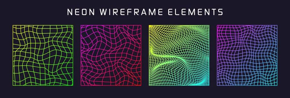 Colorful wireframe shapes, lined perspective mesh, 3d grid. Low poly geometric Stockillustratie