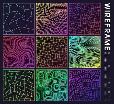 Colorful wireframe shapes, lined perspective mesh, 3d grid. Low poly geometric Stock Illustration