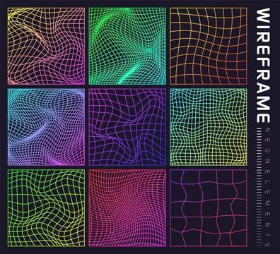Colorful wireframe shapes, lined perspective mesh, 3d grid. Low poly geometric Stock Illustration