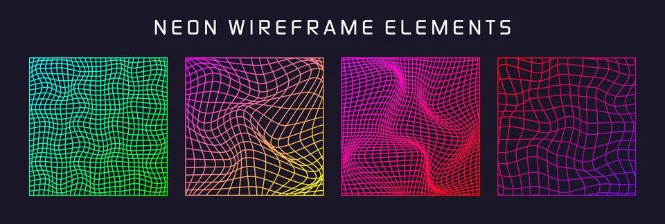 Colorful wireframe shapes, lined perspective mesh, 3d grid. Low poly geometric Stock Illustration