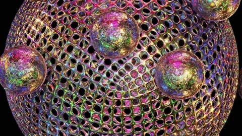Colorful wireframe sphere with small glittering spheres looping 3D animation Stock Footage 196091102