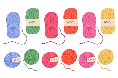 Colorful wool yarn vector illustration set. Cute vibrant balls and skeins of Stock Illustration