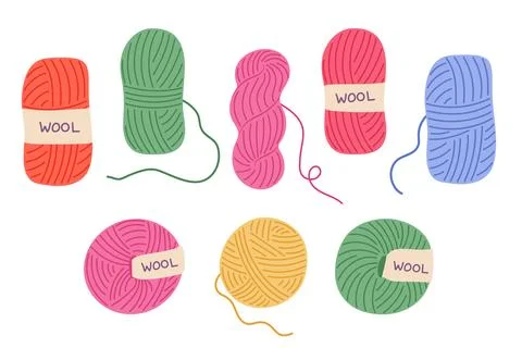 Colorful wool yarn vector illustration set. Cute vibrant balls and skeins of Stock Illustration