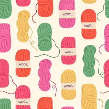 Colorful wool yarn vector seamless pattern illustration. Cozy green, pink and Stockillustratie