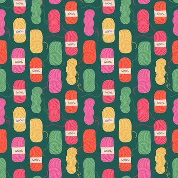 Colorful wool yarn vector seamless pattern illustration. Cozy green, pink and Stockillustratie