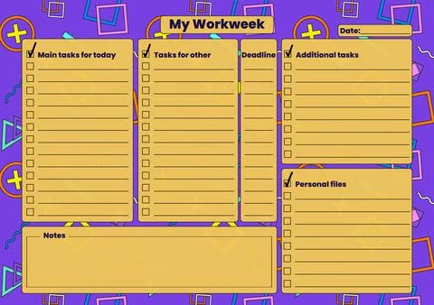 Colorful Workweek Planner with Task Sections and Checkboxes Stock Illustration