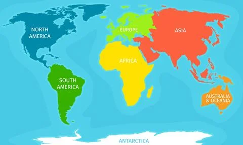 Colorful World Map with Continents Including Antarctica and Names Stock Illustration