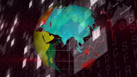 Colorful world map with data charts and binary code overlay animation Video stock 305729929