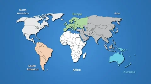 A colorful world map of different continents and colors illustration Stock Footage 288193668