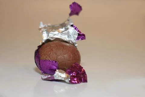 Colorful wrapped chocolate easter eggs in close-up, macro Stock Photos
