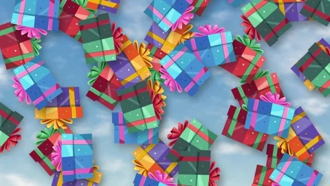 Colorful Wrapped Gift Boxes Falling Against Blue Sky Stock Footage 345314180