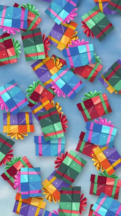 Colorful Wrapped Gift Boxes Falling Against Blue Sky Animation Stock Footage 346116015