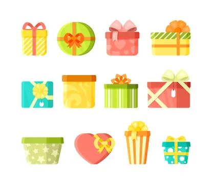 Colorful wrapped present boxes flat vector illustrations set Stock Illustration
