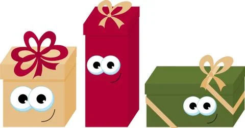 Colorful wrapped smiling gift boxes with eyes. Beautiful present box with bow Stock Illustration
