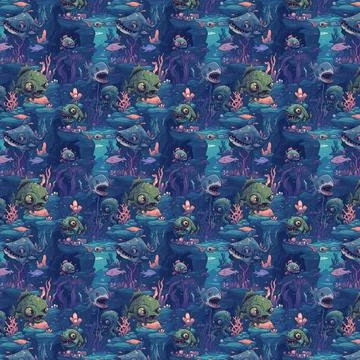 Colorful, zombie fish-themed pattern in a seamless tile design Stock Photos