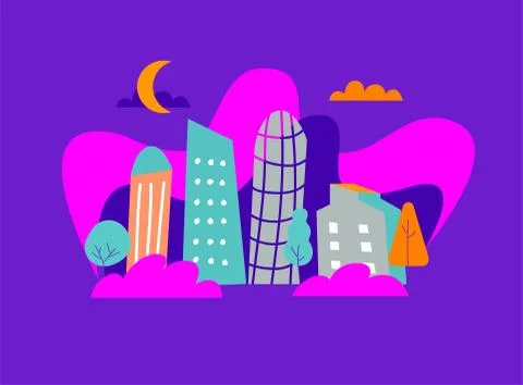 Colorfull vector flat design concept of cityscape at night Stock Illustration