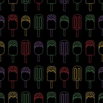 Colorfull Vector Ice cream repeat seamless pattern. Bright colors on black Stock Illustration