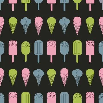 Colorfull Vector Ice cream repeat seamless pattern. Bright colors on dark Stock Illustration
