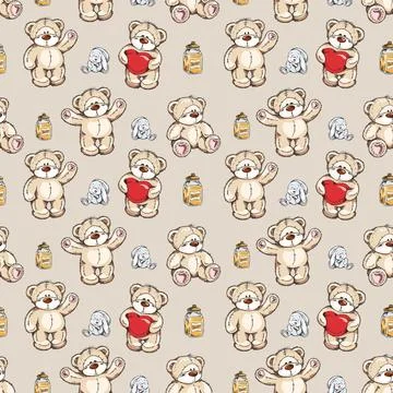 Colorfull vector seamless pattern with hand drawn funny teddy bears dolls with Stock Illustration
