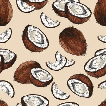 Colorfull vector seamless pattern with sketch whole, half, cut slice coconut Stock Illustration